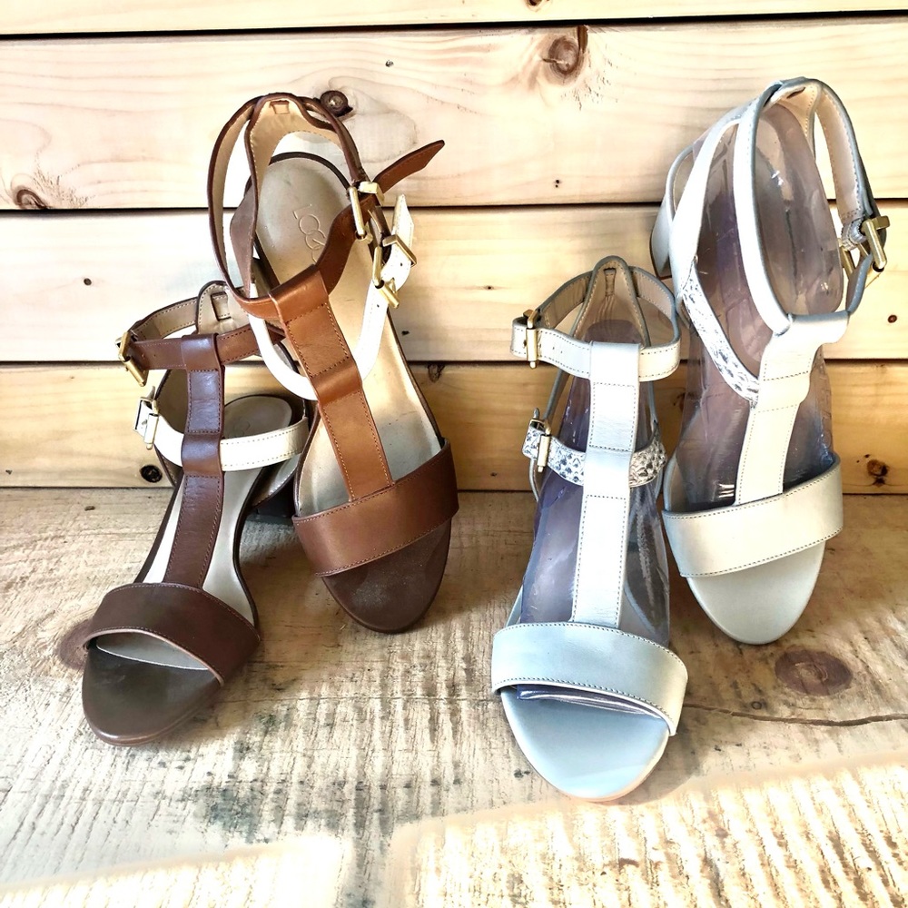 2 Pairs Leather  Strappy Brn & Grey Open Toe Heels